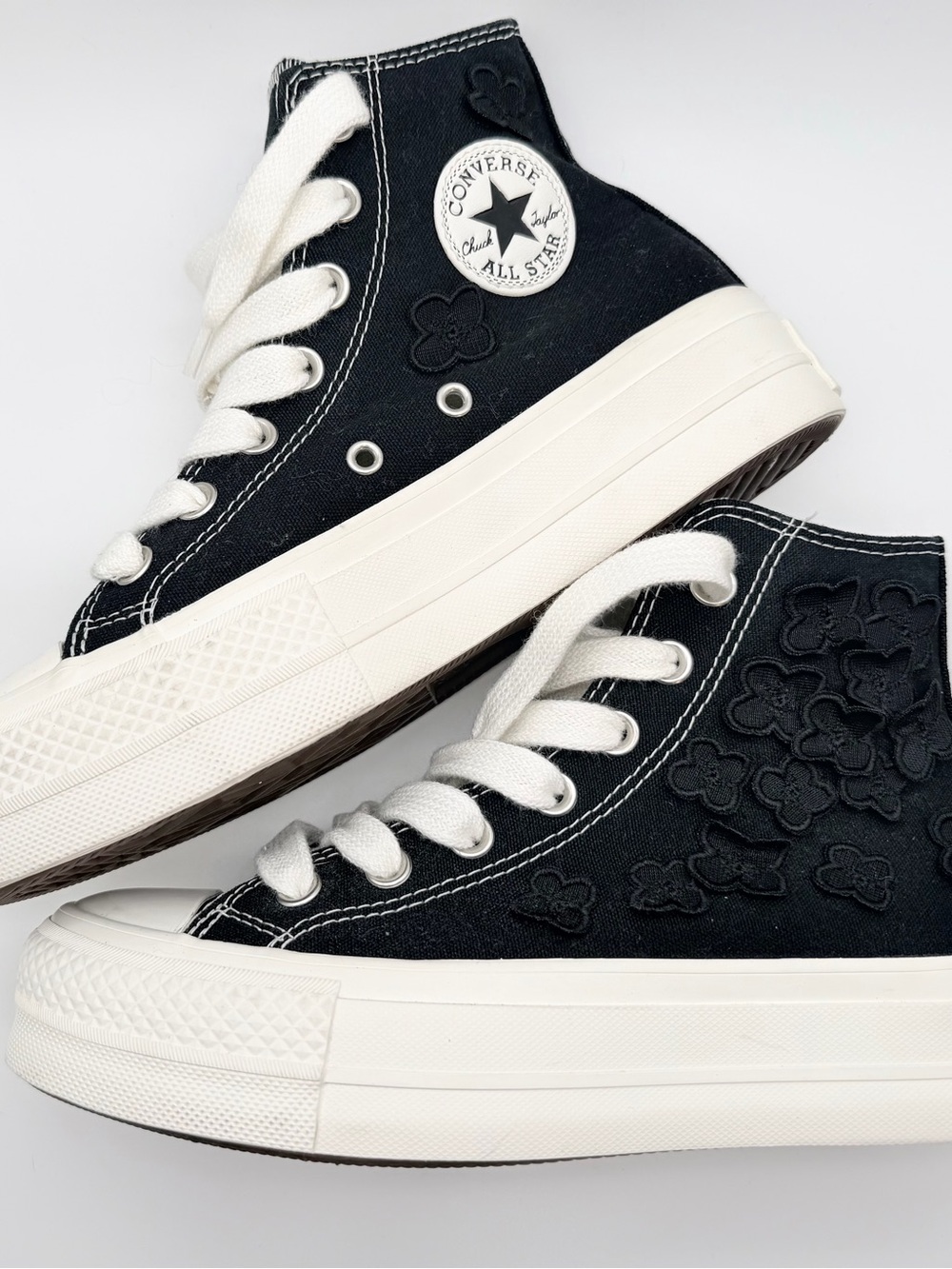 Converse Black High-Top Platform Sneakers with Floral Embroidery